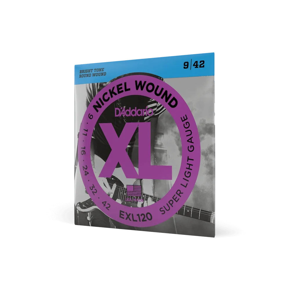 D'Addario EXL120 XL Nickel electric guitar strings set, super light gauge 09-42, packaged for easy use.