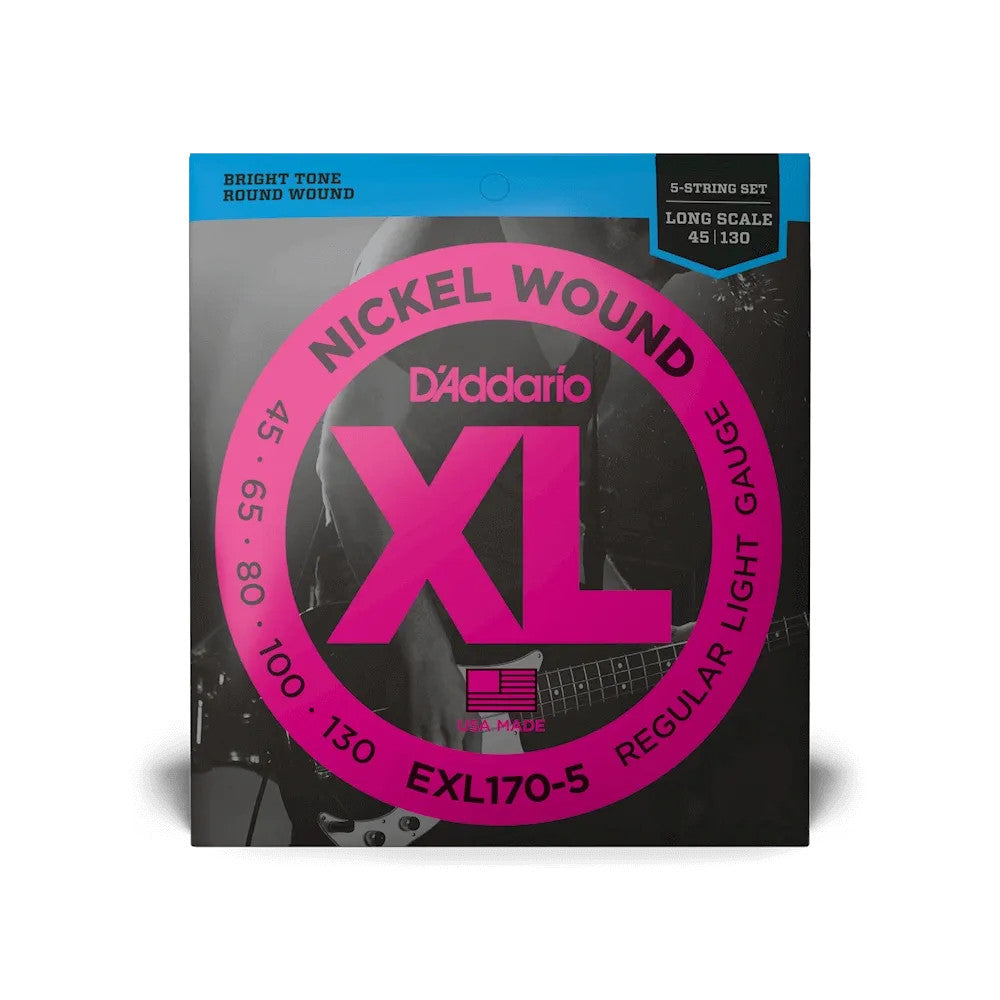 D'Addario EXL170-5 XL Nickel Bass Strings set, 45-130 gauge for 5-string bass, featuring regular light tension.
