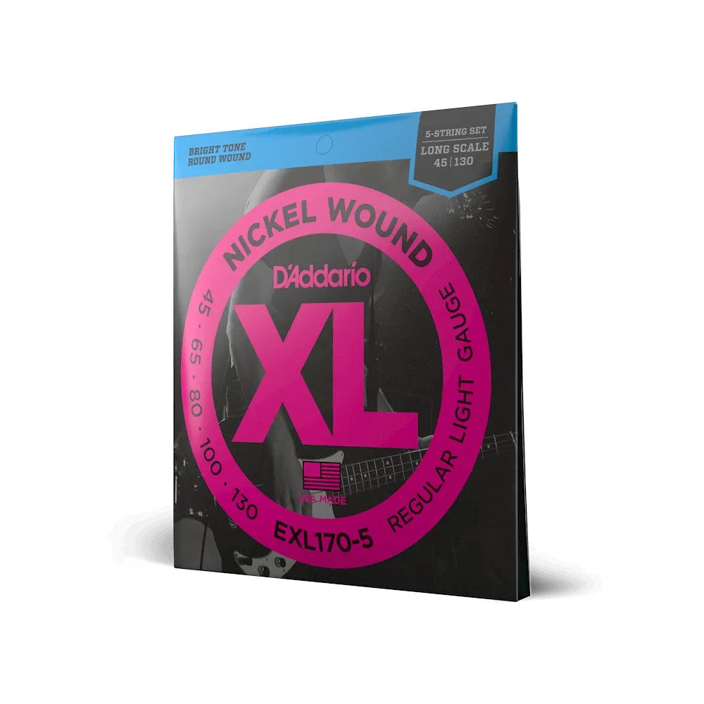 D'Addario EXL170-5 XL Nickel Bass Strings set, 45-130 gauge for 5-string bass, displayed in packaging.