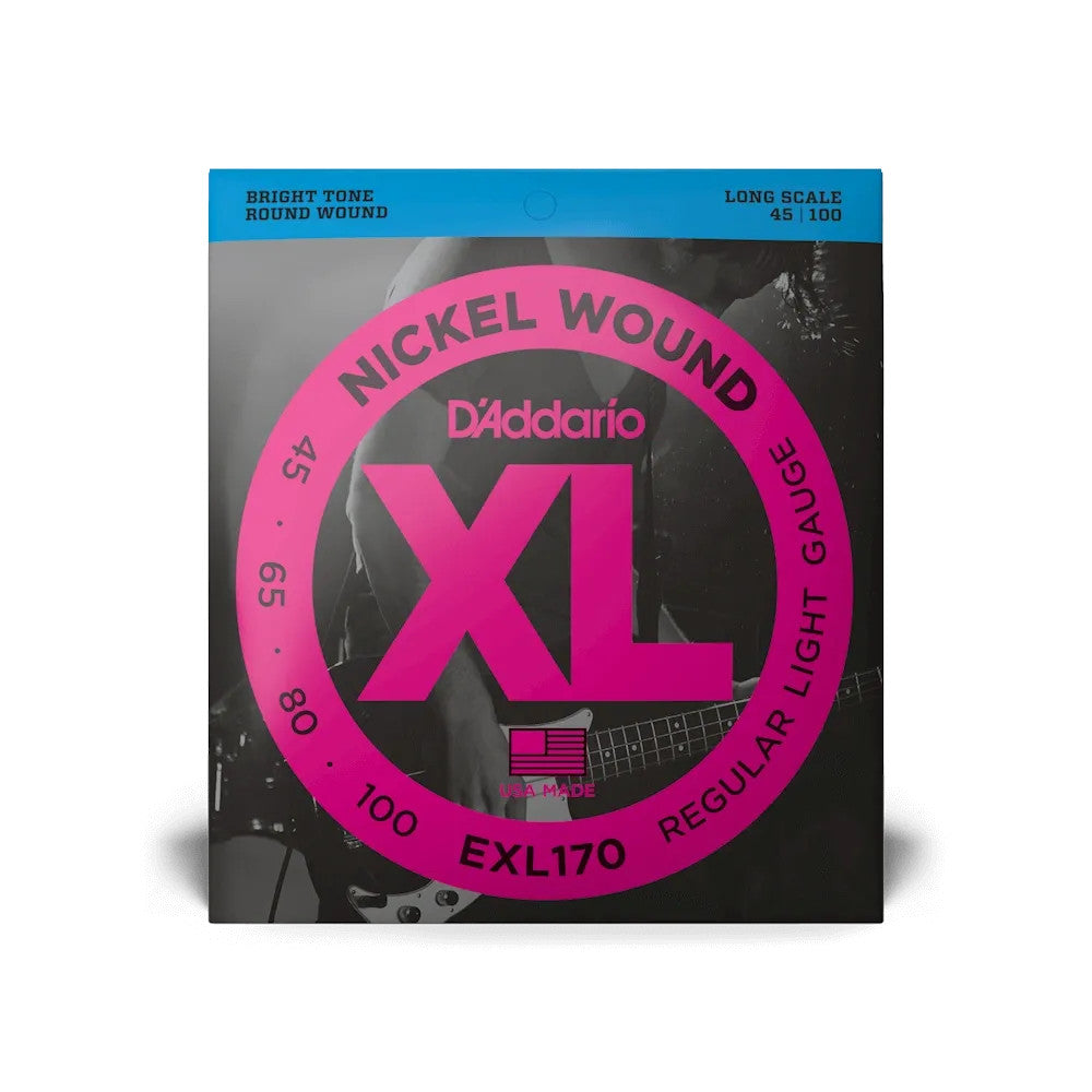 D'Addario EXL170 XL Nickel Bass Strings set in 45-100 Regular Light gauge, designed for long-scale bass guitars.