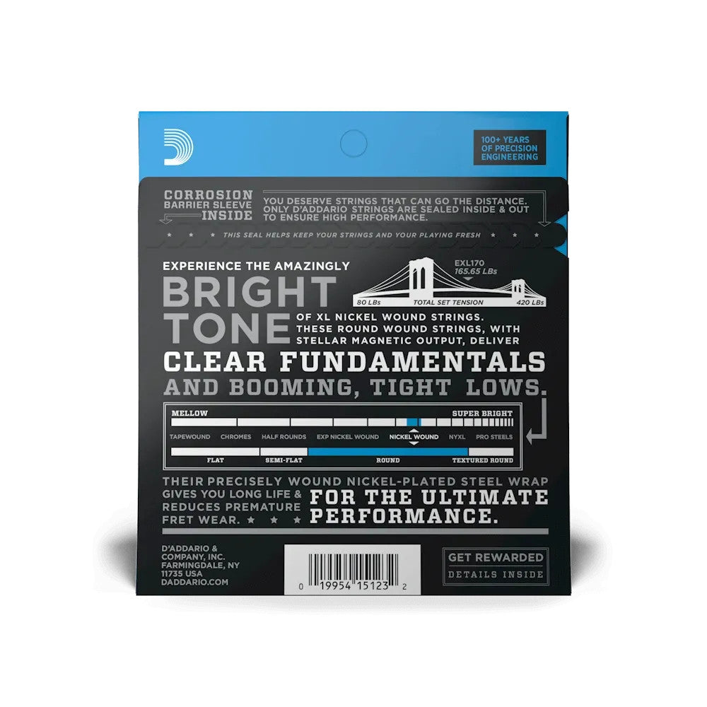 D'Addario EXL170 XL Nickel Bass Strings 45-100, long scale, featuring a vibrant packaging and string gauge details.