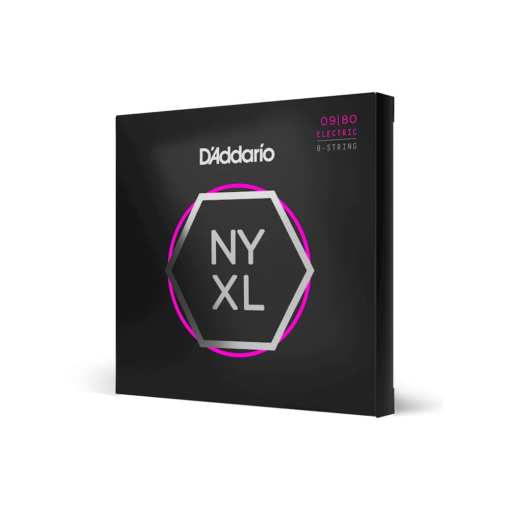 D'Addario NYXL 0980 super light 8-string electric guitar strings in a pack, showcasing vibrant packaging and string gauge.