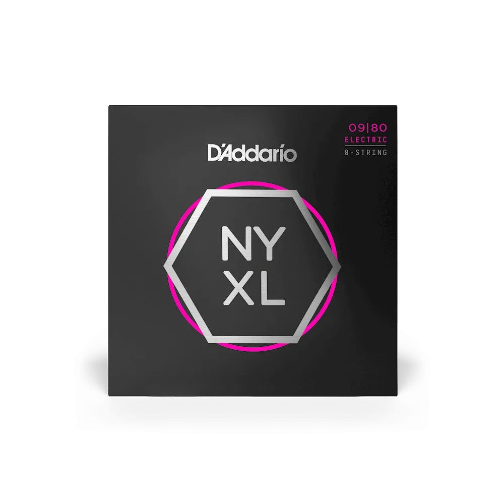 D'Addario NYXL 0980 electric guitar strings, super light 8-string set, featuring vibrant colors and durable winding.