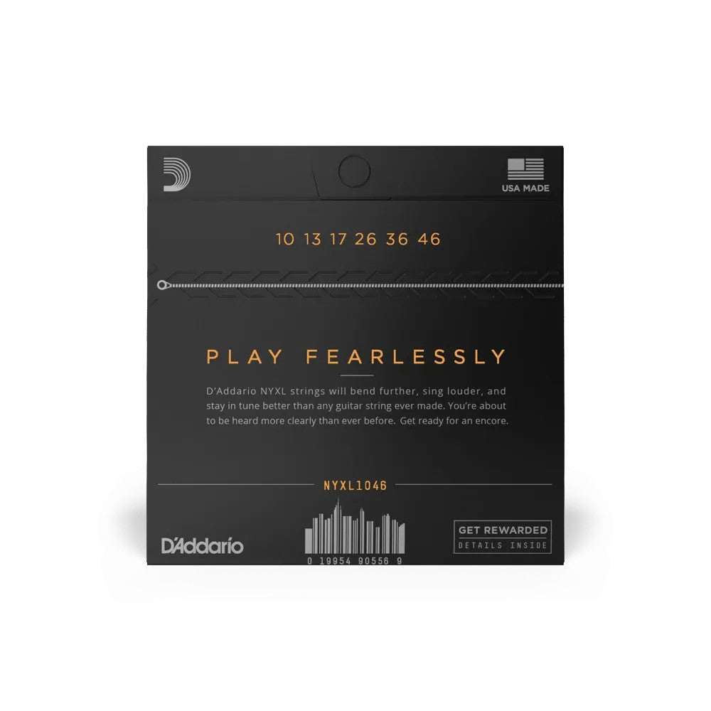D'Addario NYXL1046 electric guitar strings set, regular light gauge 10-46, featuring a sleek packaging design.