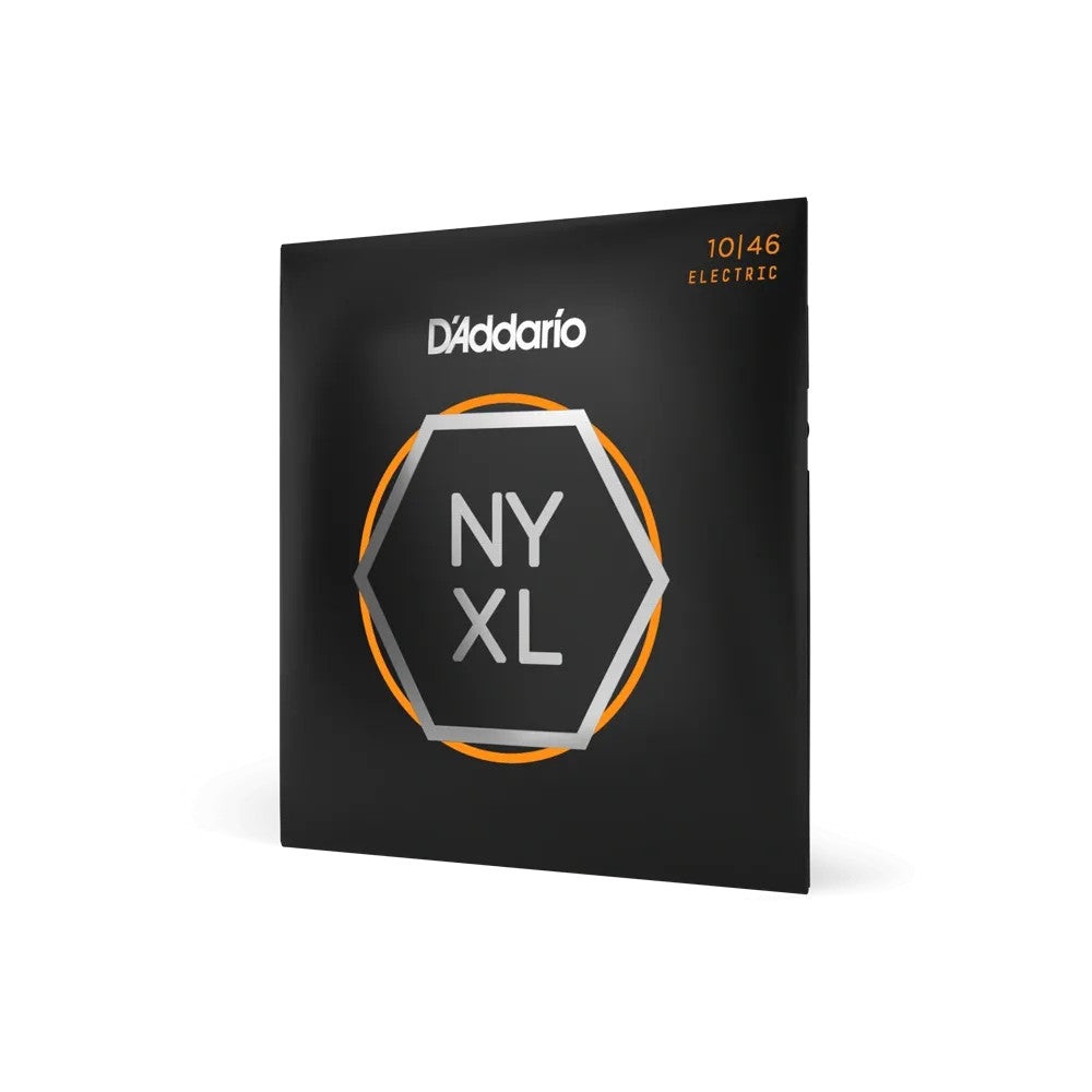 D'Addario NYXL1046 electric guitar strings in 10-46 gauge, featuring vibrant packaging and high-quality wire.