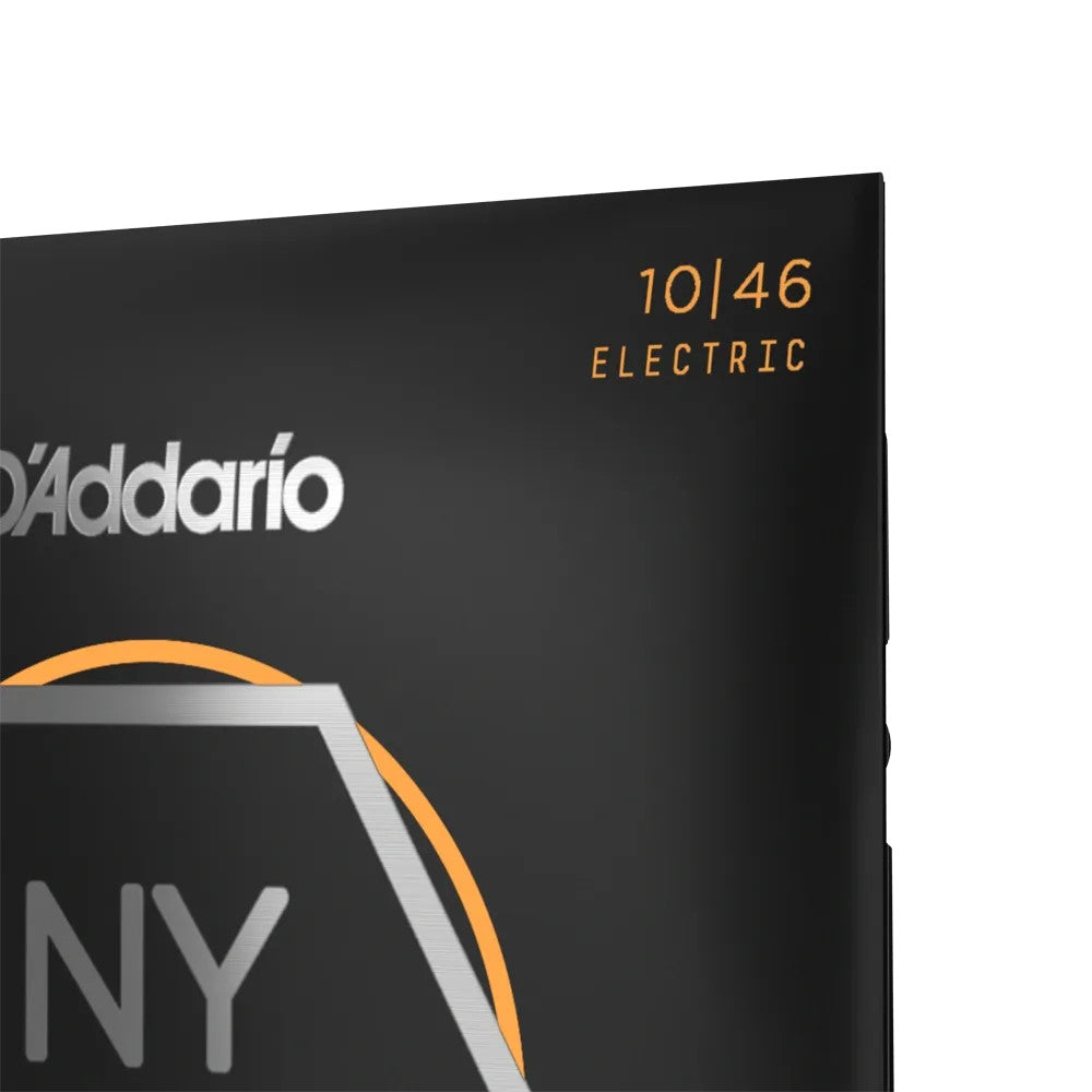 D'Addario NYXL1046 electric guitar strings set, regular light gauge 10-46, displayed in packaging on a wooden surface.