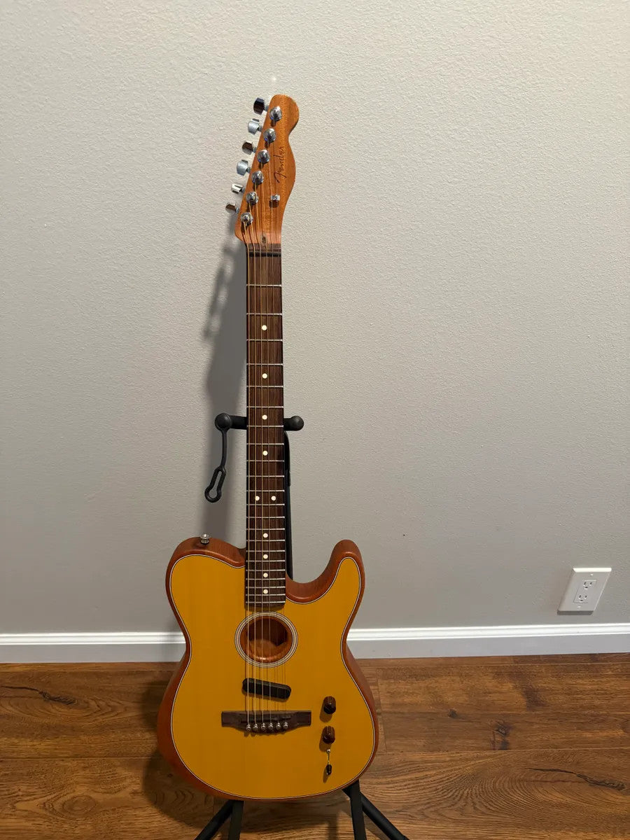 Used Fender Acoustasonic Telecaster guitar in Butterscotch Blonde finish, showcasing its unique body shape and wood grain.