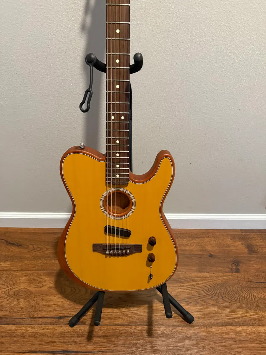 Used Fender Acoustasonic Telecaster guitar in Butterscotch Blonde finish, showcasing its unique design and wood grain details.