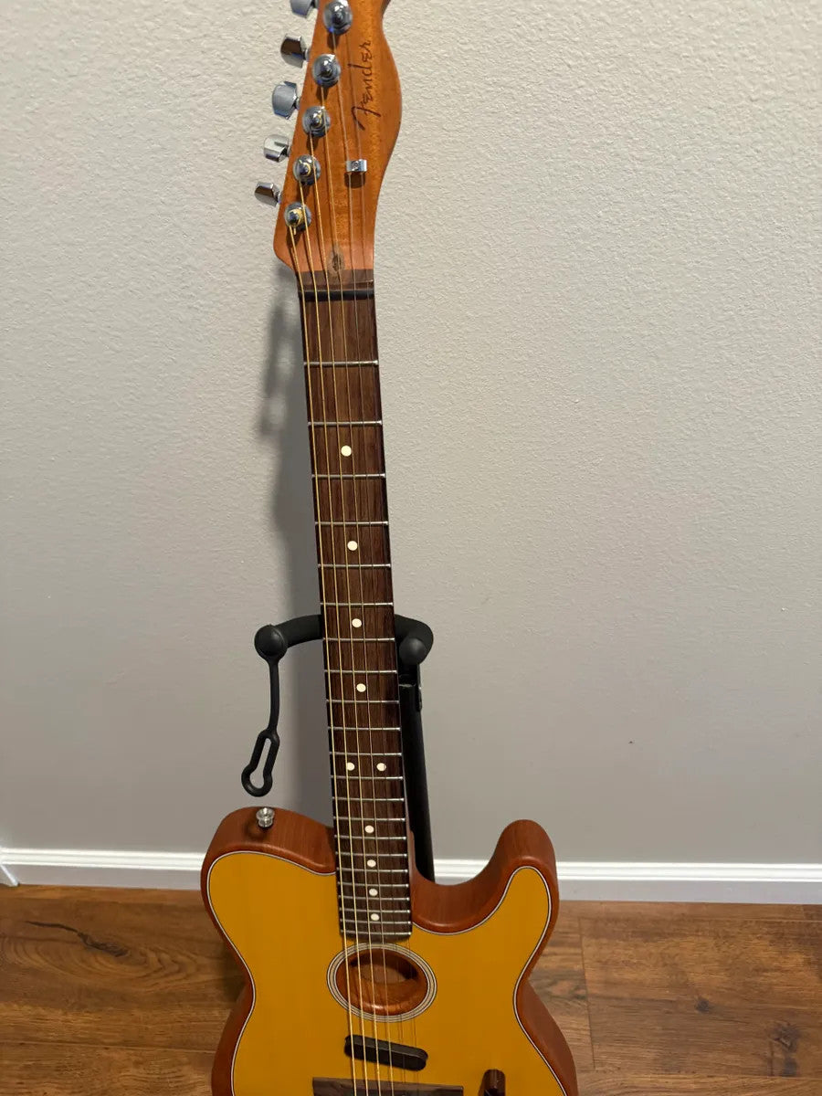 Used Fender Acoustasonic Telecaster in Butterscotch Blonde with a sleek body and classic Telecaster design.