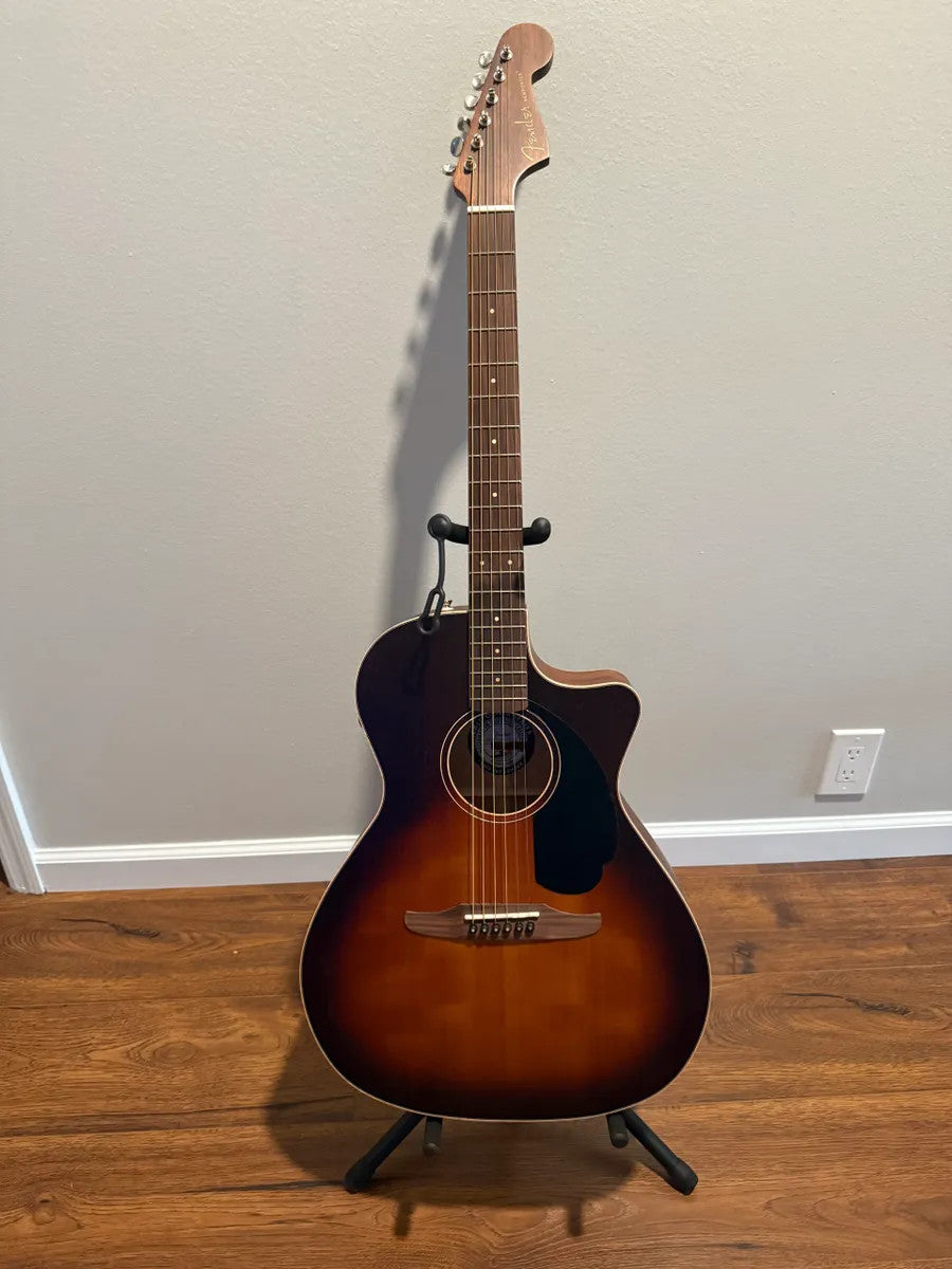 Used Fender Newporter Special acoustic electric guitar with case in great condition, showcasing its natural wood finish.