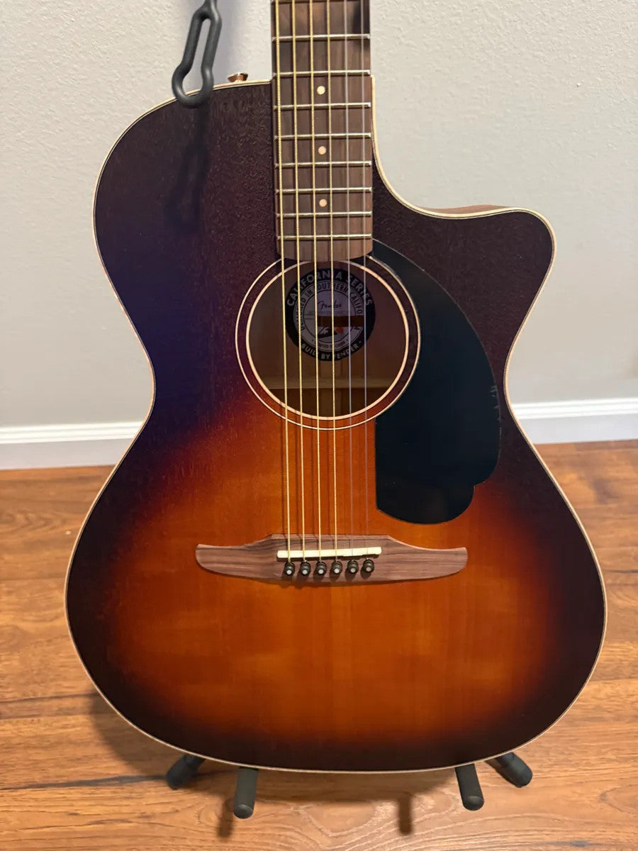 Used Fender Newporter Special Acoustic Electric Guitar with case, showcasing a sleek body and rich wood finish.