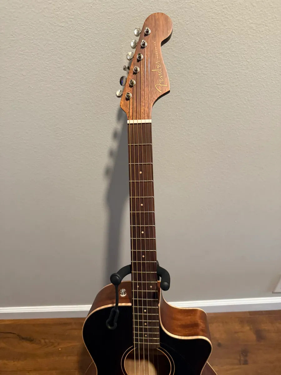 Used Fender Newporter Special acoustic electric guitar in great condition with protective case, showcasing natural wood finish.