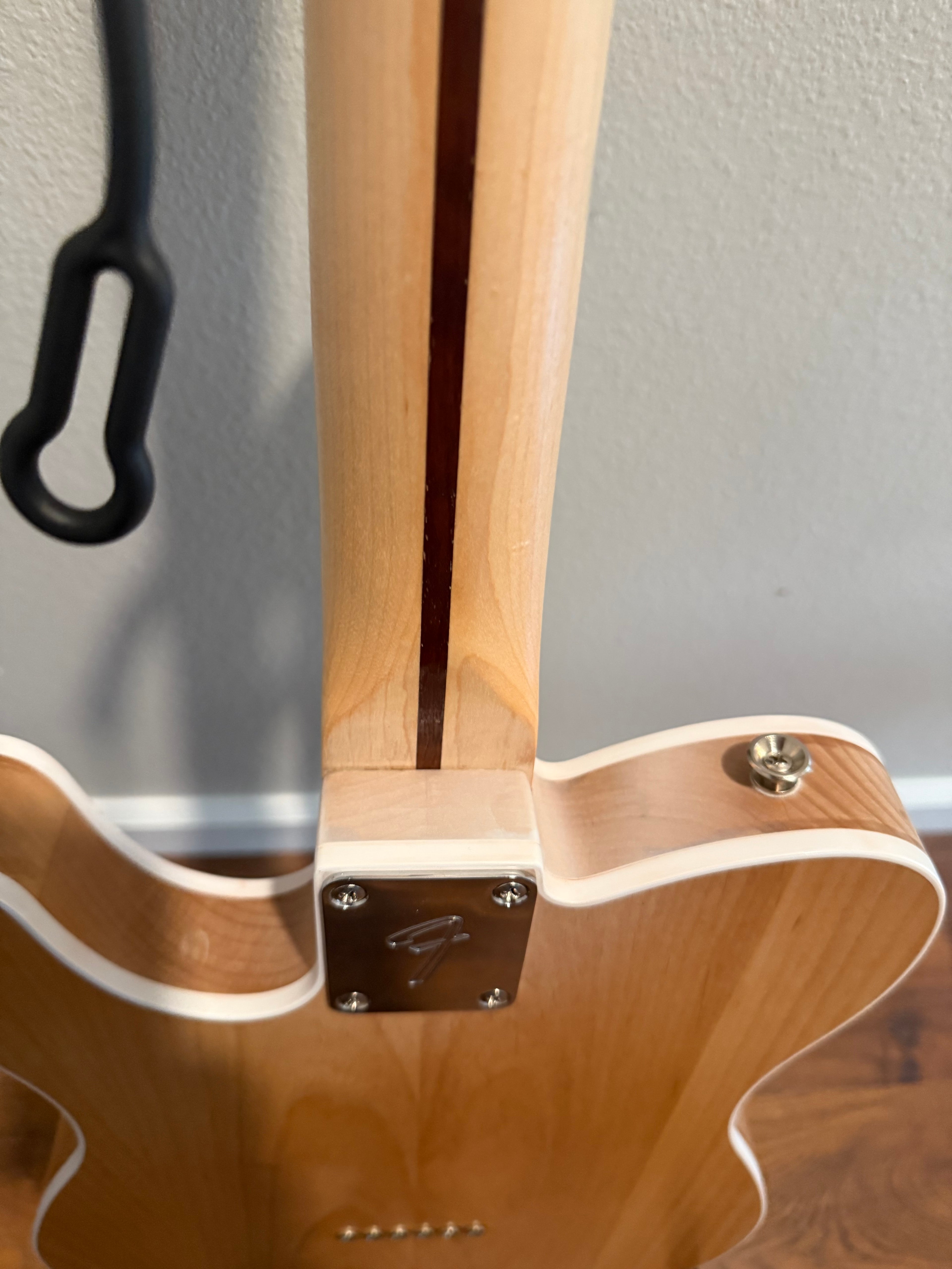 Custom Telecaster by Palm Harbor Music with a vibrant finish and classic design, showcasing its sleek body and pickguard.