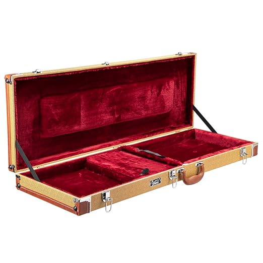 Yellow tweed hard case for Glarry electric guitar, featuring a sturdy design and secure clasps for protection.