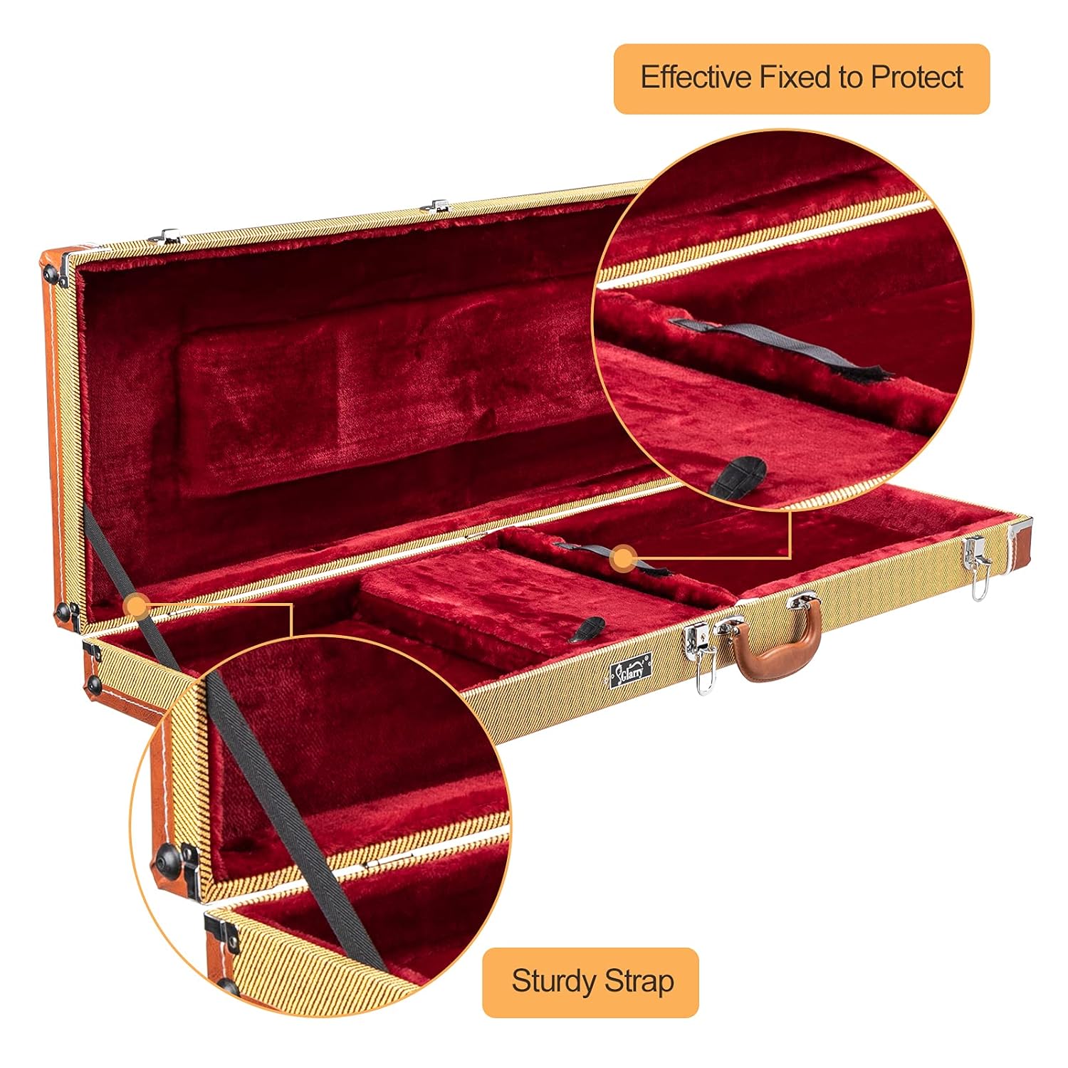 Yellow tweed hard case for Glarry electric guitar by Palm Harbor Music, featuring sturdy construction and protective design.