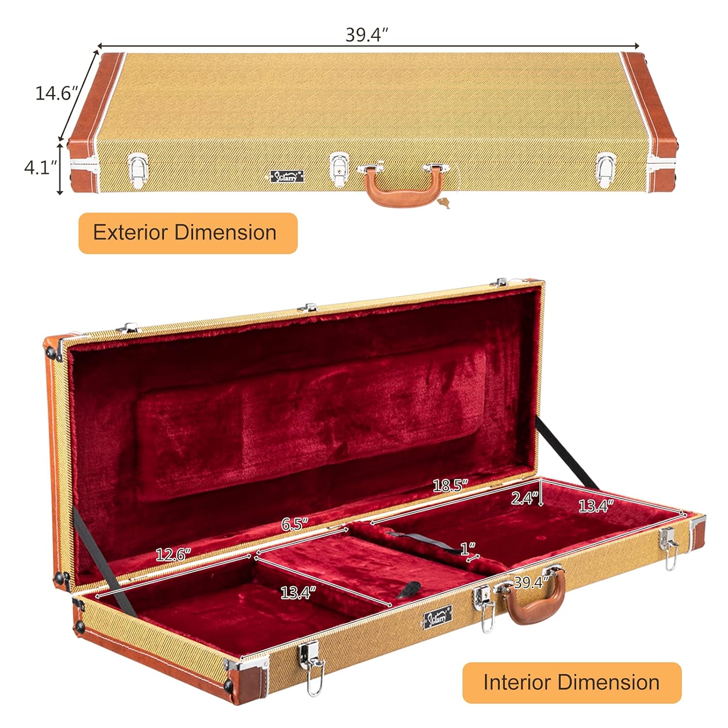 Palm Harbor Music yellow tweed hard case for Glarry high grade electric guitar, featuring a sturdy design and textured finish.