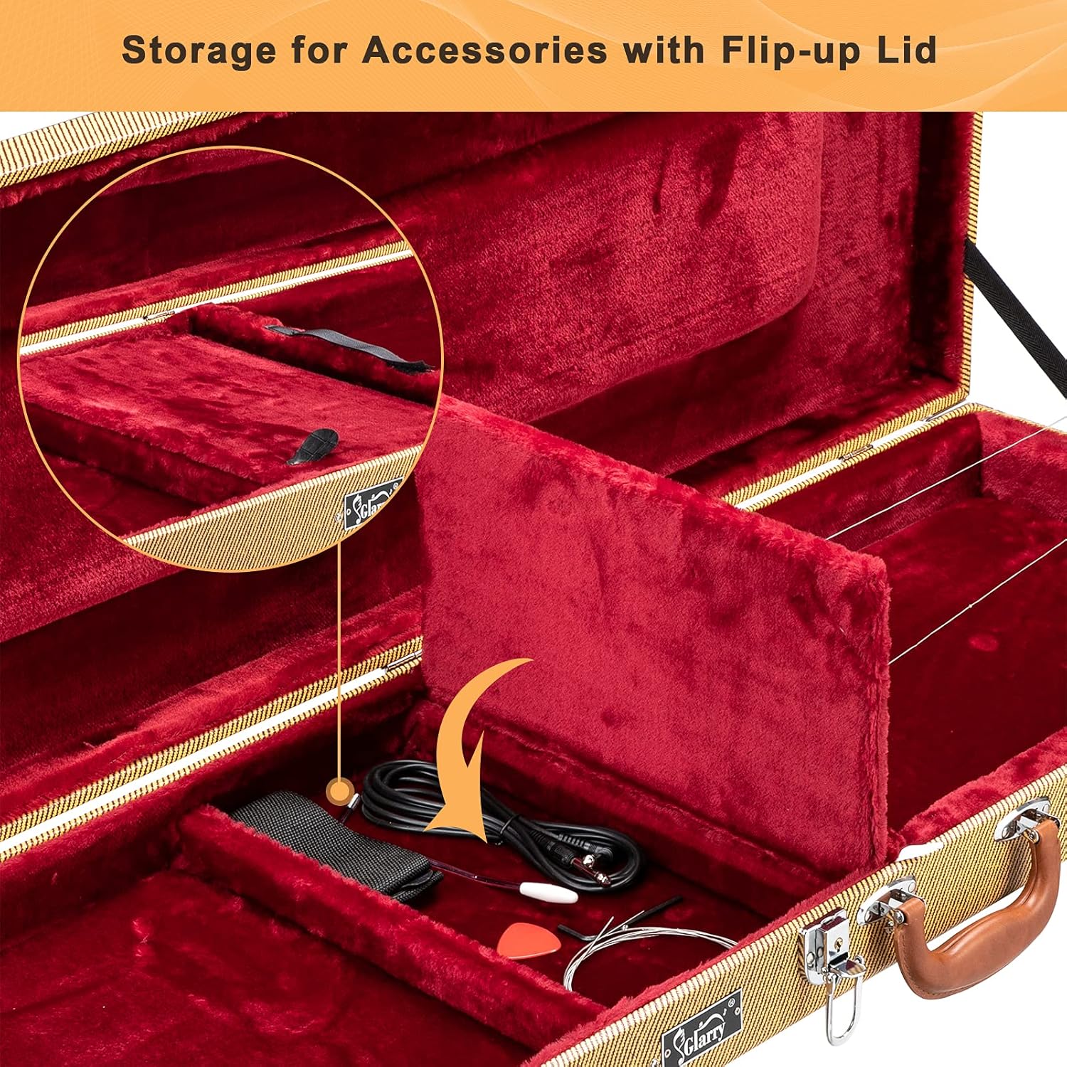 Yellow tweed hard case for Glarry electric guitar by Palm Harbor Music, featuring a sleek square design and sturdy construction.