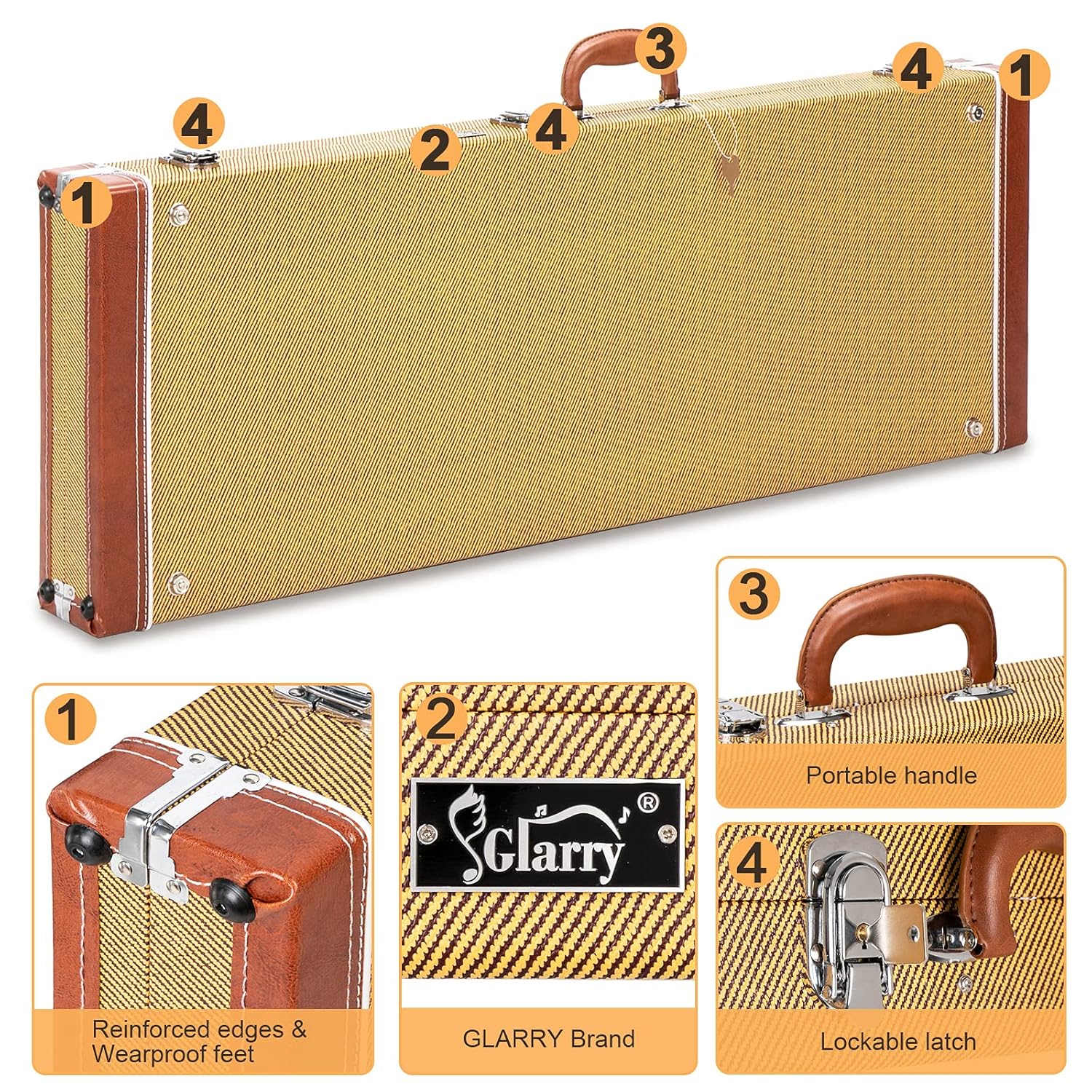 Yellow tweed hard case for Glarry electric guitar, featuring a sturdy design and protective interior.