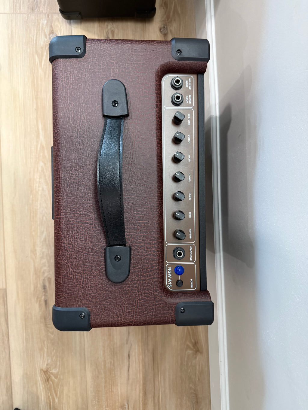 Palm Harbor Music NGW A15 Acoustic Amplifier with 8" speaker and dual channels in a sleek design.