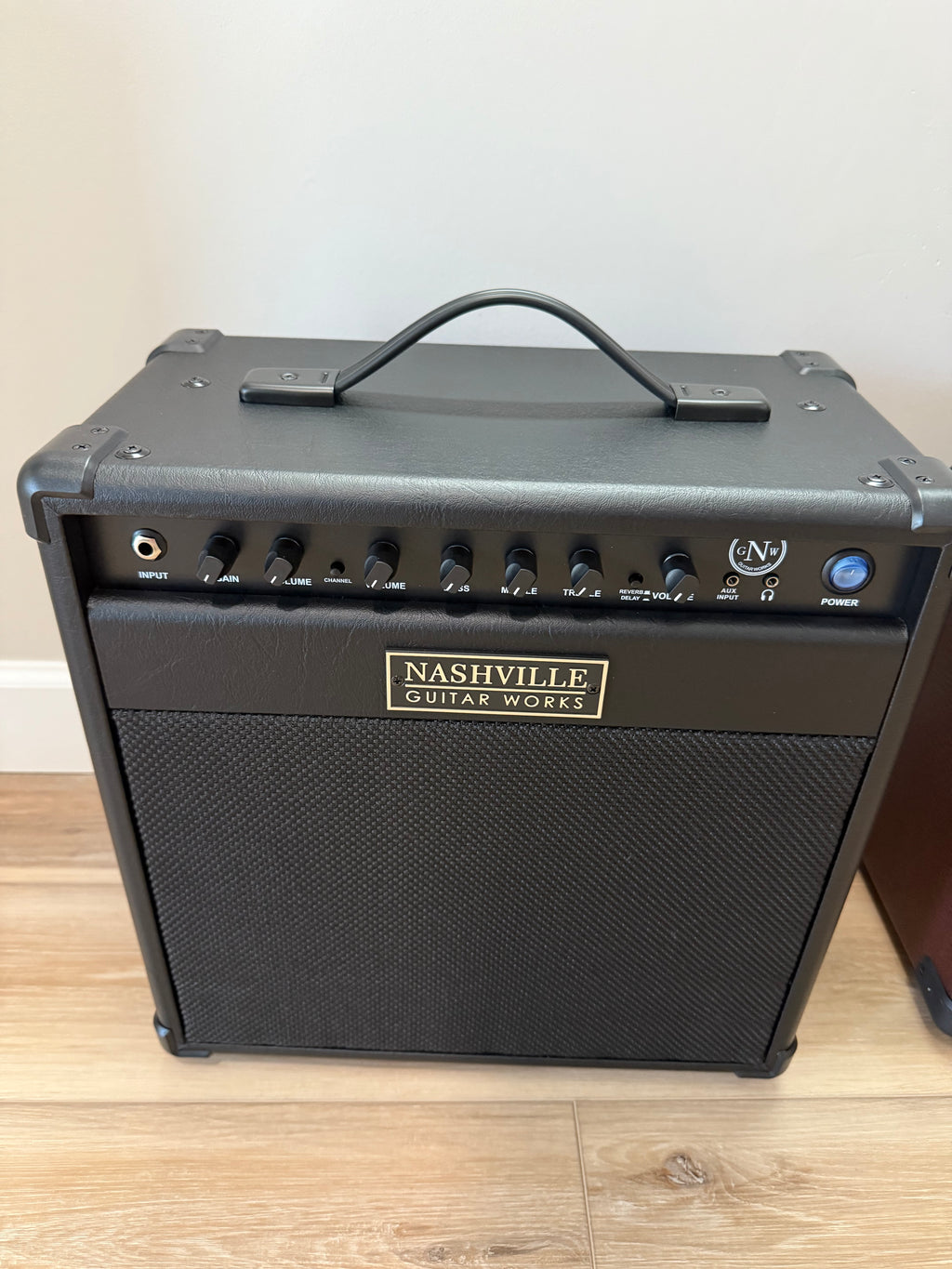 Palm Harbor Music NGW20 electric guitar amplifier in a sleek black design with control knobs and speaker grill visible.