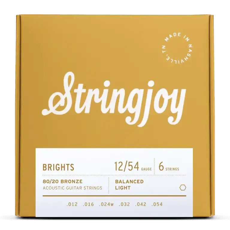Stringjoy Brights light gauge 80/20 bronze acoustic guitar strings set, showcasing a colorful packaging design.