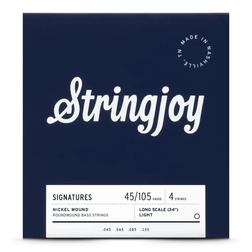 Stringjoy light gauge nickel wound bass strings set, 4-string long scale, sizes 45-105, displayed on a white background.