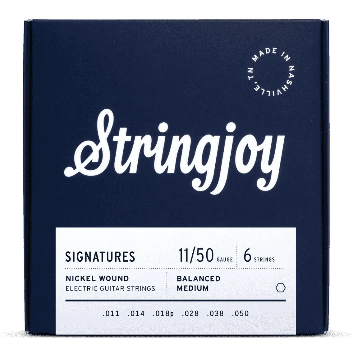 Stringjoy Signatures balanced medium gauge guitar strings in a clear packaging, showcasing their unique design and quality.