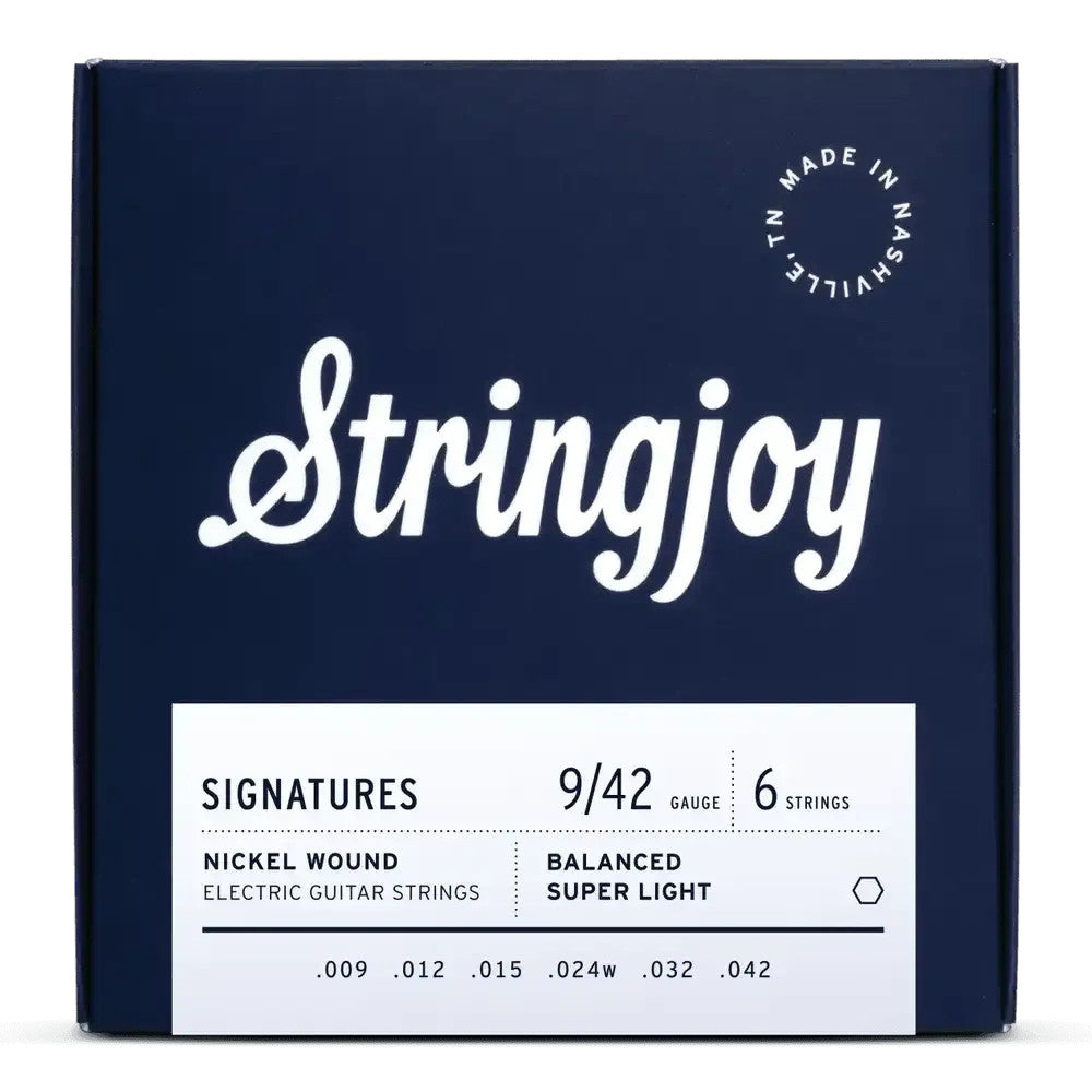 Stringjoy Signatures balanced super light gauge nickel wound guitar strings, 9-42, displayed in a vibrant packaging.