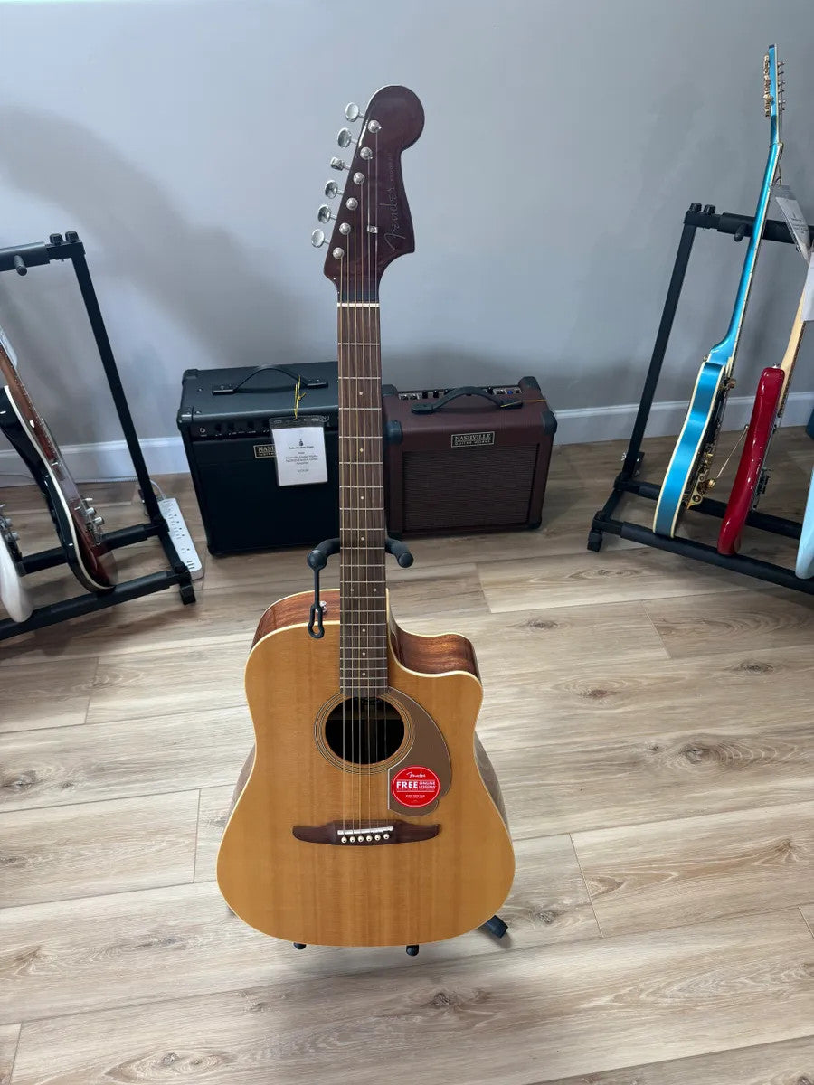 Used Washburn Fender Redondo Player Acoustic Electric Guitar with a polished red finish and natural wood accents.